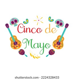 Cinco de Mayo, invitation with Curly Calligraphic , Art Design Curls and Decorative Flourishes, Swirly Brush Letters for Words Cinco de Mayo | Paper Banner Buntings Chili Sombrero Feliz Cinco de Mayo	