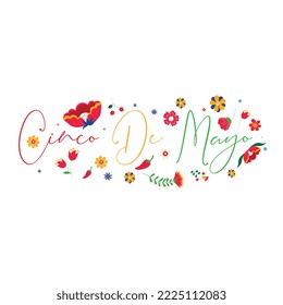 Cinco de Mayo, invitation with Curly Calligraphic , Art Design Curls and Decorative Flourishes, Swirly Brush Letters for Words Cinco de Mayo | Paper Banner Buntings Chili Sombrero Feliz Cinco de Mayo	