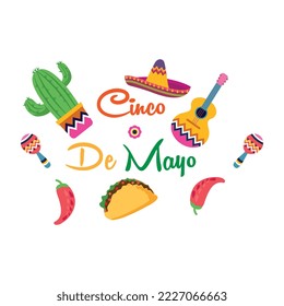 Cinco de Mayo, invitation with Curly Calligraphic , Art Design Curls and Decorative Flourishes, Swirly Brush Letters for Words Cinco de Mayo | Paper Banner Buntings Chili Sombrero Feliz Cinco de Mayo	