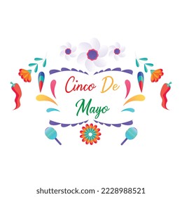 Cinco de Mayo, invitation with Curly Calligraphic , Art Design Curls and Decorative Flourishes, Swirly Brush Letters for Words Cinco de Mayo | Paper Banner Buntings Chili Sombrero Feliz Cinco de Mayo	