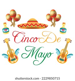 Cinco de Mayo, invitation with Curly Calligraphic , Art Design Curls and Decorative Flourishes, Swirly Brush Letters for Words Cinco de Mayo | Paper Banner Buntings Chili Sombrero Feliz Cinco de Mayo	