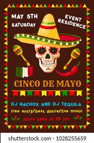 Cinco de Mayo invitation poster for Mexican party fiesta of national holiday celebration. Vector flyer design of skull in sombrero with maracas and Mexico flag or Mexican chili jalapeno peppers