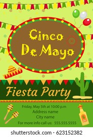 Cinco de Mayo invitation template, flyer. Mexican holiday postcard. Vector illustration