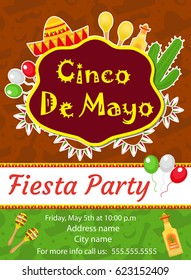 Cinco de Mayo invitation template, flyer. Mexican holiday postcard. Vector illustration