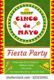 Cinco de Mayo invitation template, flyer. Mexican holiday postcard. Vector illustration