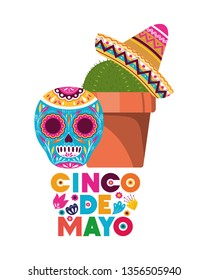 cinco de mayo label with cactus and skull