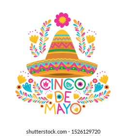 cinco de mayo label with hat isolated icon vector illustration design