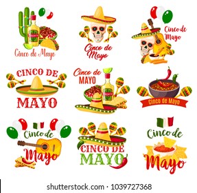 Cinco de Mayo etikettiert Vektorgrafik. Urlaub in Mexiko Cinco de Mayo. Verschiedene symbolische Zeichen mit Chilischoten oder Hut, Maracas und Gitarre, Tequila und Limette, bunte festliche Sommerferien