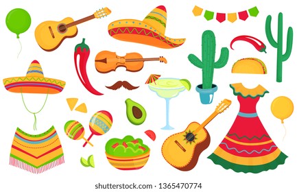 Cinco de Mayo. A large set of decorative elements for the design of a poster, banner, flyer, greeting card, advertising for the national Mexican holiday. Musical instruments, local food, clothing.
