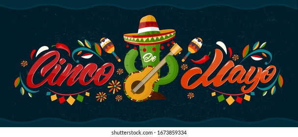 Cinco de mayo with lettering.May 5, federal holiday in Mexico. Poster with grunge texture and cactus with guitar and sombrero. Cartoon style. Vector banner.