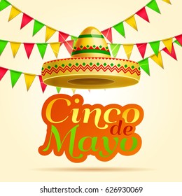 Cinco De Mayo lettering celebration vector background with sombrero, chili paper, garland ,maracas  royalty free stock for greeting card, ad, promotion, poster, flyer, social media