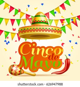 Cinco De Mayo lettering celebration vector background with sombrero, chili paper, garland, confetti ,maracas  royalty free stock for greeting card, ad, promotion, poster, flyer, social media