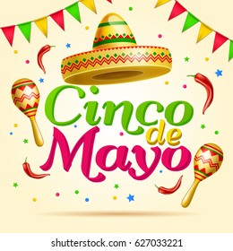 Cinco De Mayo lettering celebration vector background with sombrero, chili paper, garland, confetti ,maracas  royalty free stock for greeting card, ad, promotion, poster, flyer, social media