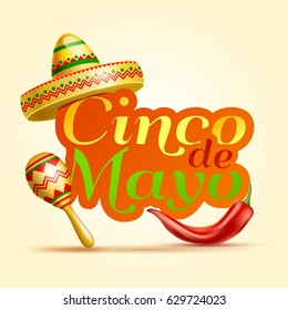 Cinco De Mayo lettering celebration vector background with sombrero, chili paper, maracas  royalty free stock illustration for greeting card, ad, promotion, poster, flyer, social media, marketing. 