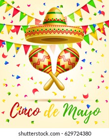 Cinco De Mayo lettering celebration vector background with sombrero, , garland, confetti ,maracas  royalty free stock for greeting card, ad, promotion, poster, flyer, social media, marketing. 