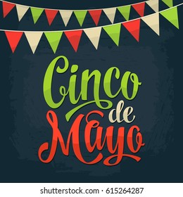 Cinco de Mayo Schrift und Garland. Vektorfarbige Vintage Graviergrafik. Einzeln auf dunklem Hintergrund.