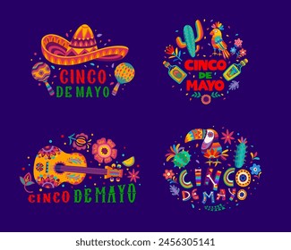 Cinco De Mayo lettering icons for Mexican holiday fiesta greeting, vector banners. Cinco De Mayo lettering with Mexican sombrero and guitar, tequila and cactus with toucan bird in floral ornament