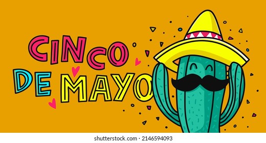 Cinco de mayo with lettering. May 5, federal holiday in Mexico. Poster with cactus in sombrero. Cartoon style. Vector banner