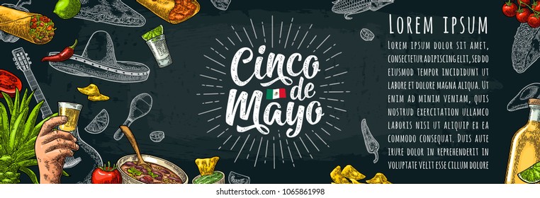 Cinco de Mayo lettering and mexican traditional food with Tequilla, Guacamole, Quesadilla, Enchilada, Burrito, Tacos, Nachos and ingredient. Vector vintage engraved illustration on dark background