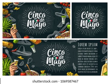 Cinco de Mayo lettering and mexican traditional food with Tequilla, Guacamole, Quesadilla, Enchilada, Burrito, Tacos, Nachos and ingredient. Vector vintage engraved illustration on dark background