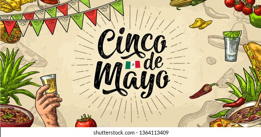 Cinco de Mayo lettering and mexican traditional food with Tequilla, Guacamole, Quesadilla, Enchilada, Burrito, Tacos, Nachos, Chili. Vector vintage engraving on beige background