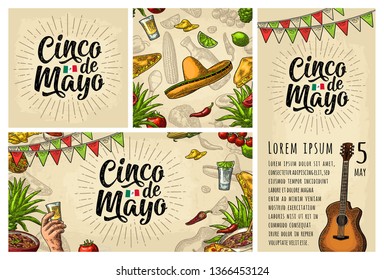 Cinco de Mayo lettering and mexican traditional food with Tequilla, Guacamole, Enchilada, Burrito, Tacos, Nachos, Chili con carne and ingredient. Vector vintage engraving on beige background