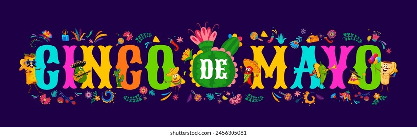 Cinco De Mayo Schriftzug für mexikanische Feiertagsgrüße Banner, Vektorgrafik Hintergrund. Cinco De Mayo Schriftzug mit Burrito-Charakter in Sombrero, Avocado-Mariachi mit Gitarre und Chili-Pfeffer mit Maracas