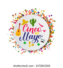 Cinco De Mayo lettering on paper plate with traditional mexican symbols: Sombrero, guitar, cactus, pepper, maracas. Easy to edit template for party invitation, greeting card, banner, poster, flyer.