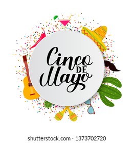 Cinco De Mayo lettering on paper plate with traditional mexican symbols: Sombrero, guitar, cactus, pepper, maracas. Easy to edit template for party invitation, banner, poster, greeting card, flyer.