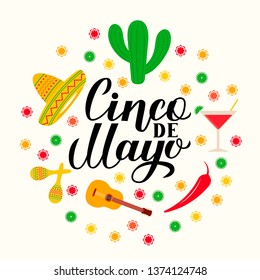 Cinco De Mayo lettering on paper plate with traditional mexican symbols: Sombrero, cactus, pepper, guitar, maracas. Easy to edit template for party invitation, banner, poster, greeting card, flyer.