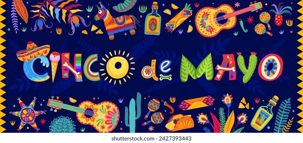 Cinco de mayo lettering on mexican holiday banner. Cartoon vector card with festive items for holiday celebration. Guitar, maracas, ice cream, pinata and floral decor in traditional alebrije style