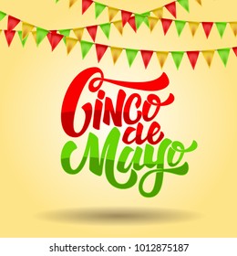 Cinco de mayo. Lettering phrase on background with carnival flags. Design element for poster, flyer, card. Vector illustration