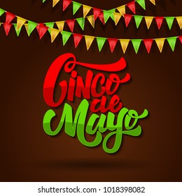 Cinco de mayo. Lettering phrase on background with carnival flags. Design element for poster, flyer, card. Vector illustration