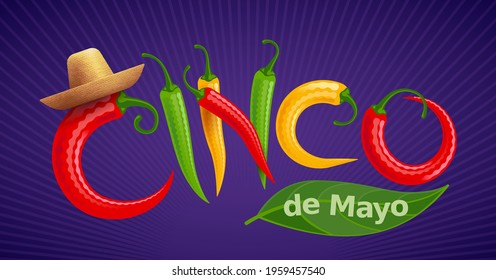 Cinco de Mayo lettering with red, green and yellow Chilli peppers