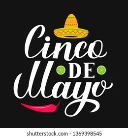 Cinco De Mayo lettering with Sombrero, pepper and limes on black background. Mexican fiesta typography poster. Vector template for party invitation, banner, poster, greeting card, flyer, etc. 