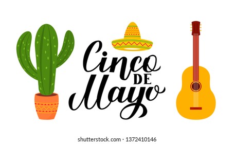 Cinco De Mayo lettering with Sombrero, guitar and cactus. Mexican fiesta typography poster. Vector template for party invitation, banner, poster, greeting card, flyer, etc.