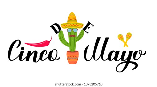 Cinco De Mayo lettering with Sombrero, pepper, cactus and maracas. Mexican fiesta typography poster. Vector template for party invitation, banner, poster, greeting card, flyer, etc.