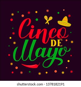 Cinco De Mayo lettering with Sombrero, pepper and maracas on black background. Mexican fiesta typography poster. Vector template for party invitation, banner, poster, greeting card, flyer, etc.
