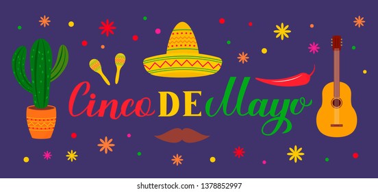 Cinco De Mayo lettering with Sombrero, guitar, pepper, cactus and maracas. Mexican fiesta typography poster. Vector template for party invitation, greeting card, banner, poster, flyer, etc.