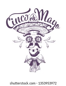 Cinco de Mayo lettering text greeting card. Holiday character set. Vector illustration