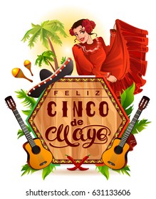 Cinco de Mayo lettering text and woman greeting card. Vector cartoon illustration