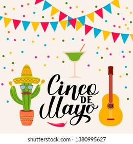 Cinco De Mayo lettering with traditional mexican symbols: Sombrero, cactus, guitar, maracas, pepper, margarita, flags. Easy to edit template for party invitation, banner, poster, greeting card, flyer.