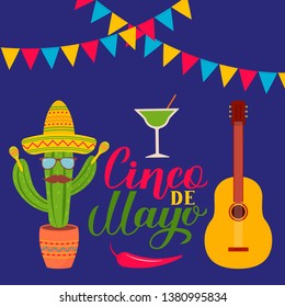 Cinco De Mayo lettering with traditional mexican symbols: Sombrero, cactus, guitar, maracas, pepper, margarita, flags. Easy to edit template for party invitation, banner, poster, greeting card, flyer.