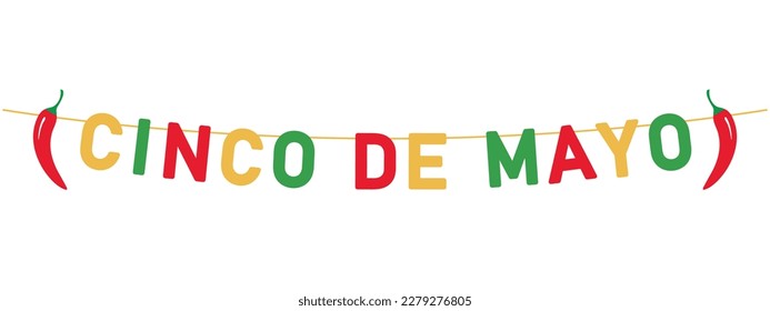 Cinco de Mayo-Briefe mit Chilischoten, die an einer Schnur hängen, bunter Banner, mexikanischer Urlaub, dekoratives Vektorelement