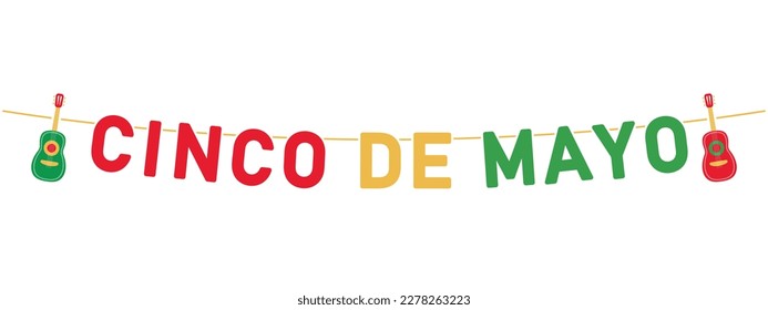 Cinco de Mayo letters with guitar hanging on a string, colorful banner, mexican holiday, decorative vector element