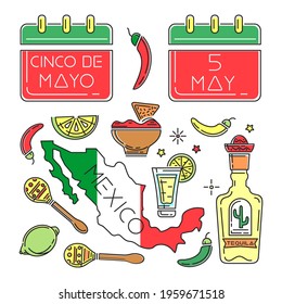 Cinco de mayo line color icons set. Symbols collection for annual Mexican celebration. May 5. Holiday date in calendar. Vector illustration