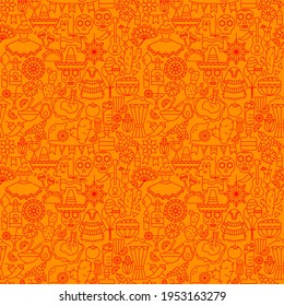 Cinco de Mayo Line Seamless Pattern. The Fifth of May Translate. Vector Illustration of Outline Background.