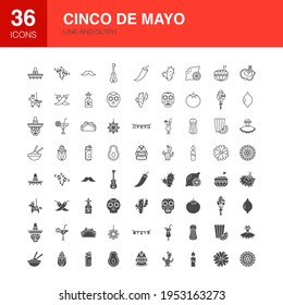 Cinco de Mayo Line Web Glyph Icons. The Fifth of May Translate. Vector Illustration of Mexican Outline and Solid Symbols. 
