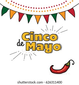 Cinco De Mayo logo. Hand drawn lettering and chili pepper. Vector illustration for advertising, poster, announcement, invitation, party, greeting card, fiesta, bar, restaurant, menu