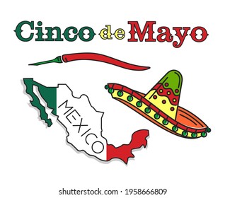 Cinco de Mayo logo icon design. National holiday of Mexico with mexican symbols sombrero hat, red hot chili pepper and map of mexico painted in the colors of the national flag. Vector illustration